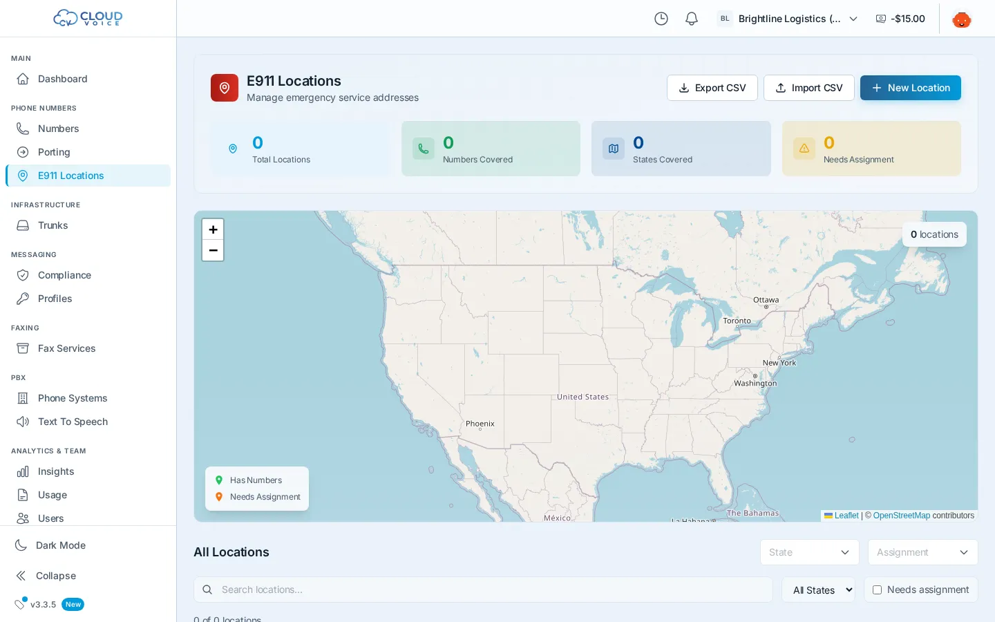 The E911 Locations page with a map of registered locations above the searchable list, and the New Location button in the header