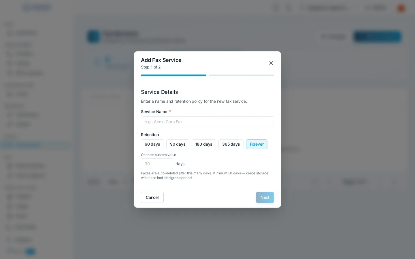 The Add Fax Service wizard on its Service Details step, with a name field and retention choices from 60 days up to forever