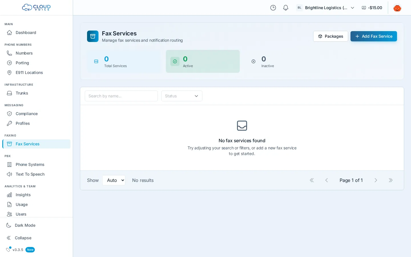 The Fax Services page with service counts, search and status filters, and the Add Fax Service button in the header