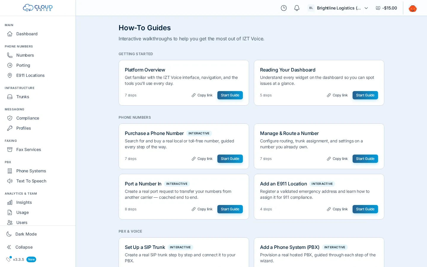 The How-To Guides library with interactive walkthroughs grouped by category, each showing its step count and a Start Guide button