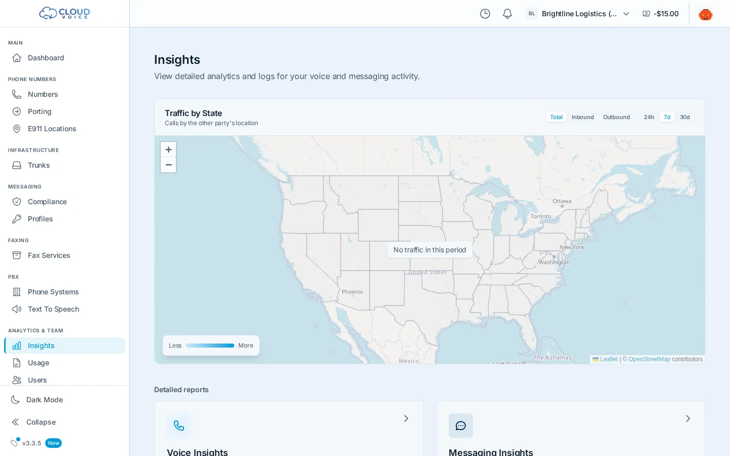The Insights page with a traffic-by-state map filterable by direction and period, above links to the detailed Voice Insights and Messaging Insights reports