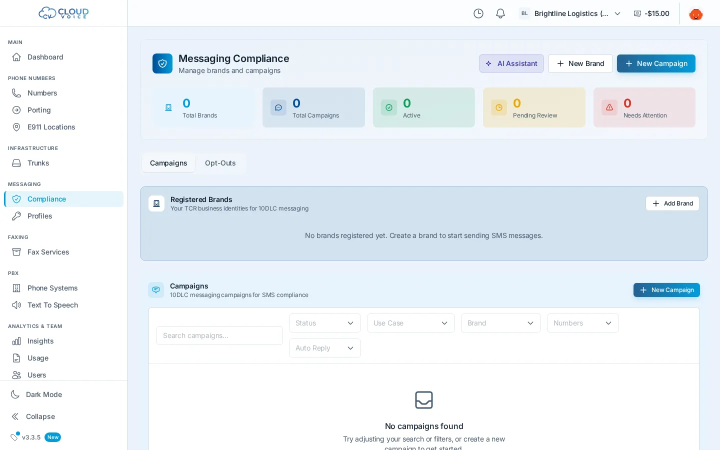 The Messaging Compliance page with brand and campaign counts, the registered brands panel, and New Brand and New Campaign buttons