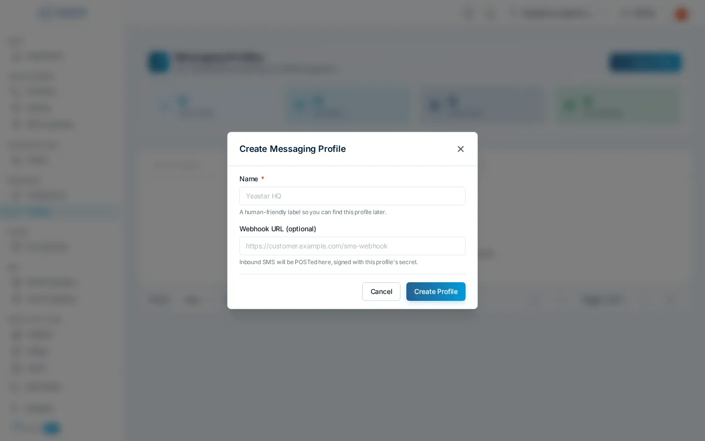 The Create Messaging Profile dialog with a name field and an optional webhook URL where inbound SMS is POSTed