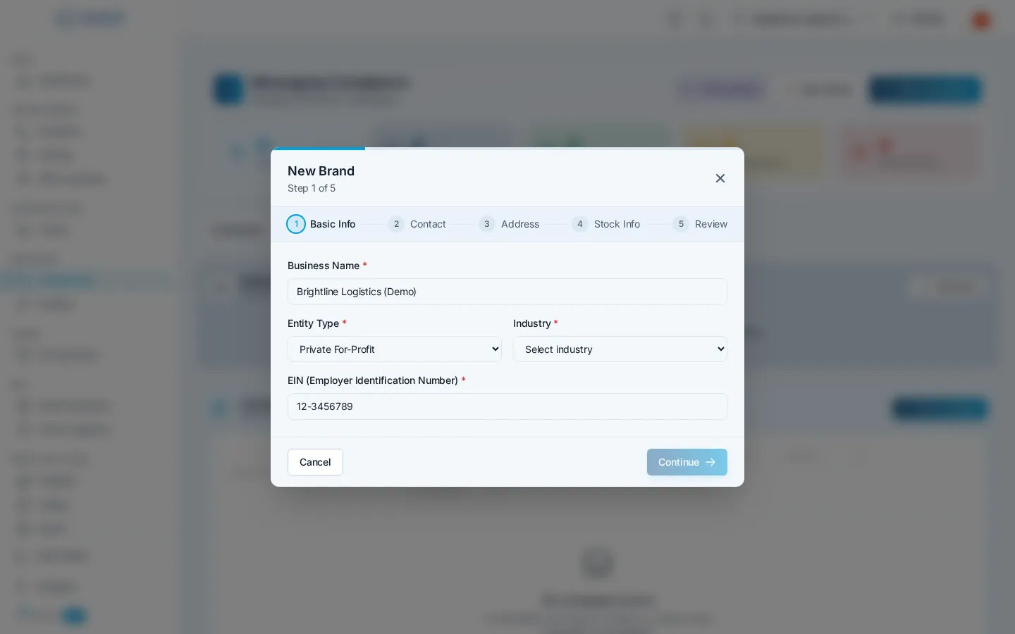 The New Brand wizard on its Basic Info step, with fields for the legal business name, entity type, industry, and EIN