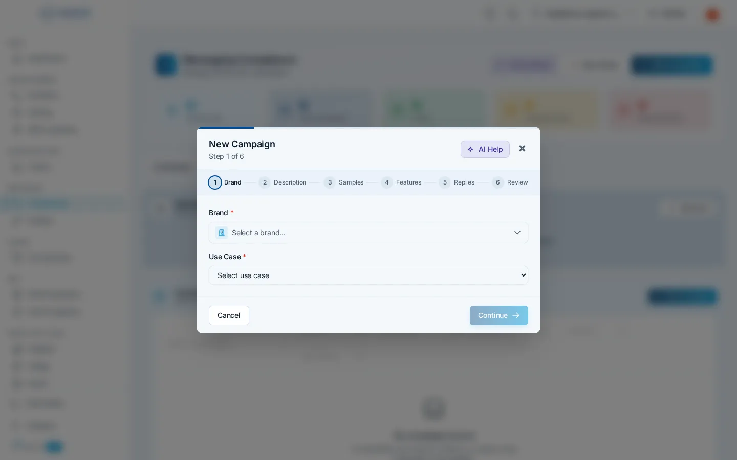 The New Campaign wizard on its Brand step, where you pick the brand and use case, with an AI Help button in the header
