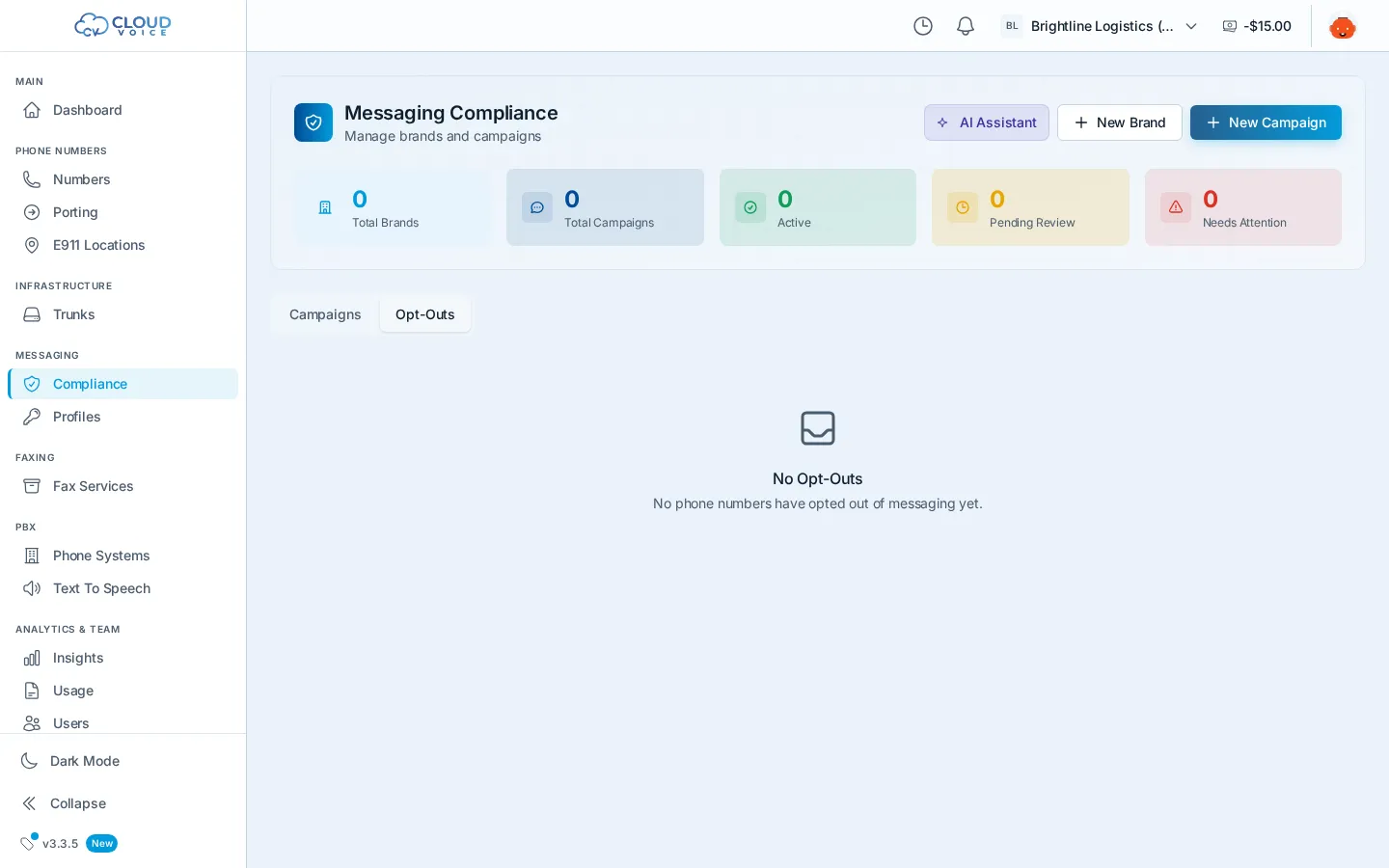 The Opt-Outs tab on the Compliance page, listing phone numbers that have opted out of your messaging