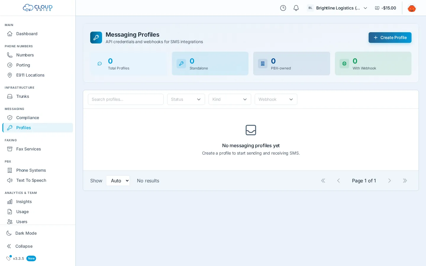 The Messaging Profiles page with profile counts, search and filters, and the Create Profile button in the header
