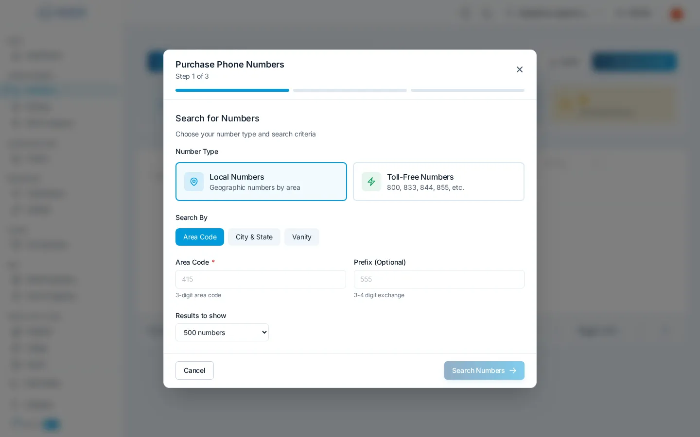 The Purchase Phone Numbers wizard on its search step, with the local or toll-free choice and area code search fields