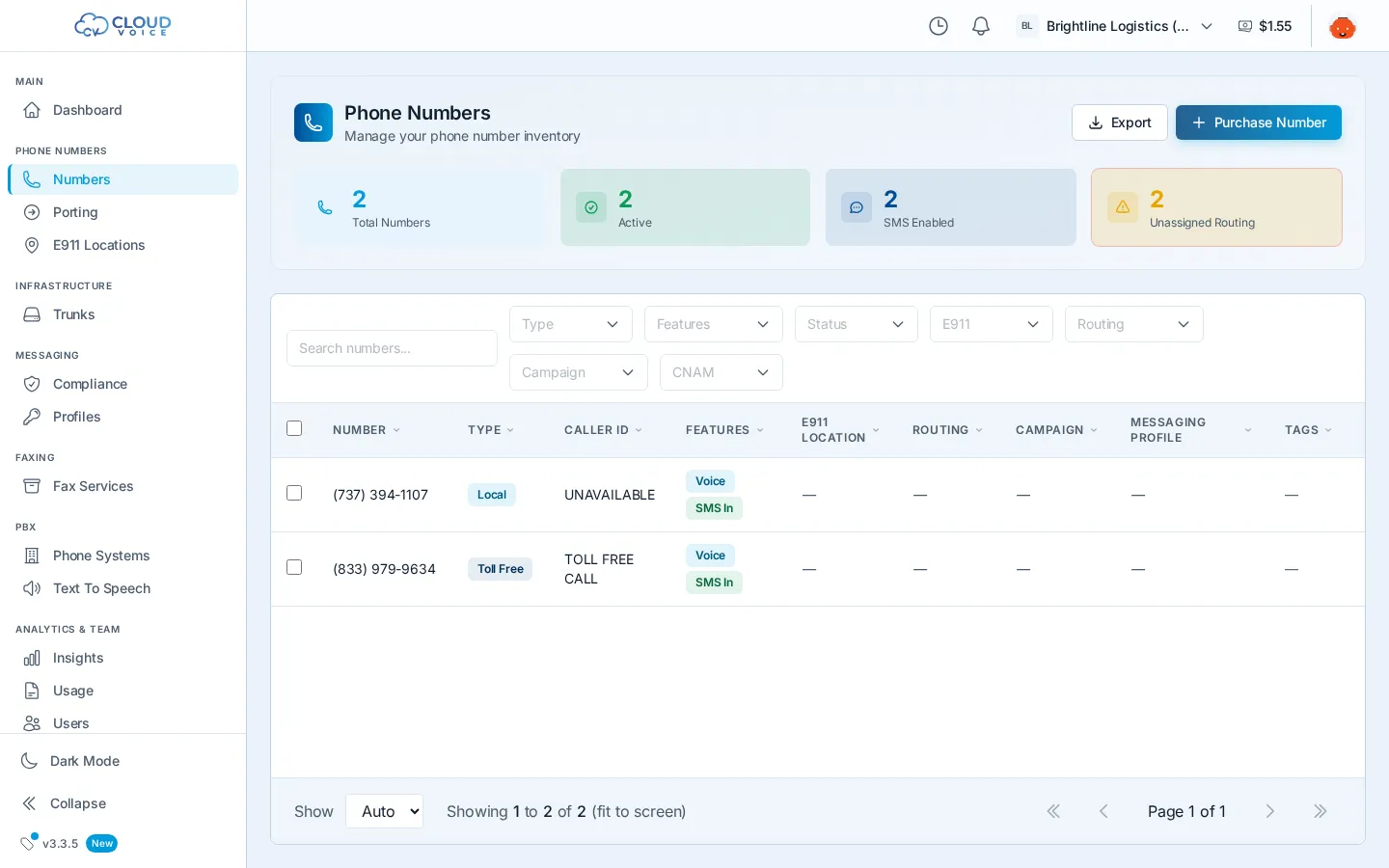 The Numbers page with summary counts, the search and filter toolbar, and the Purchase Number button in the header