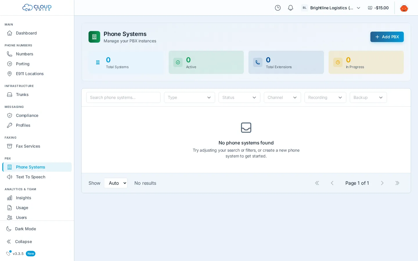 The Phone Systems page with system and extension counts, search and filters, and the Add PBX button in the header