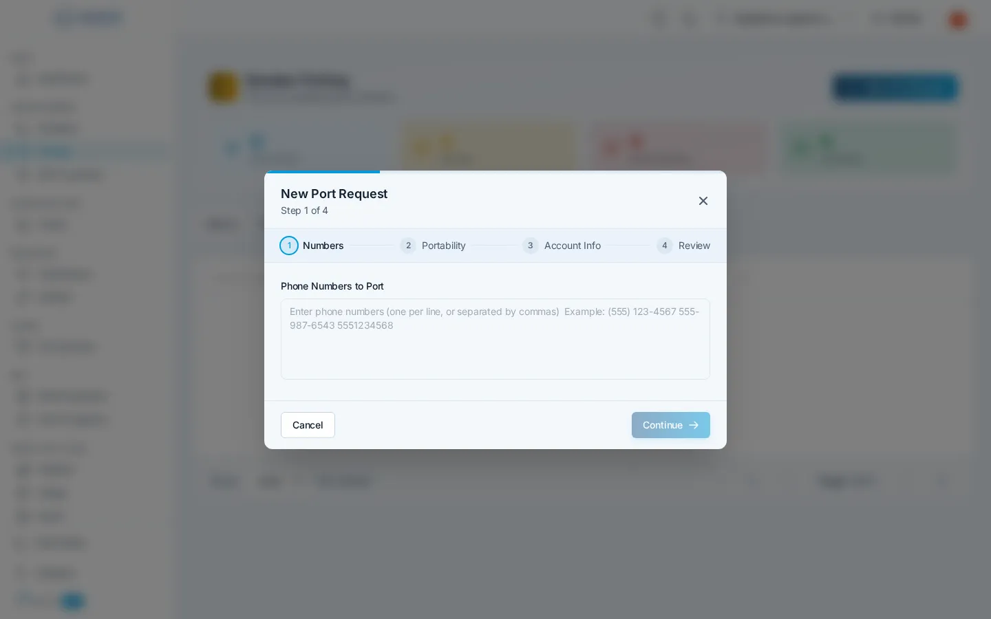 The New Port Request wizard on its Numbers step, where you enter the phone numbers to transfer before the portability check