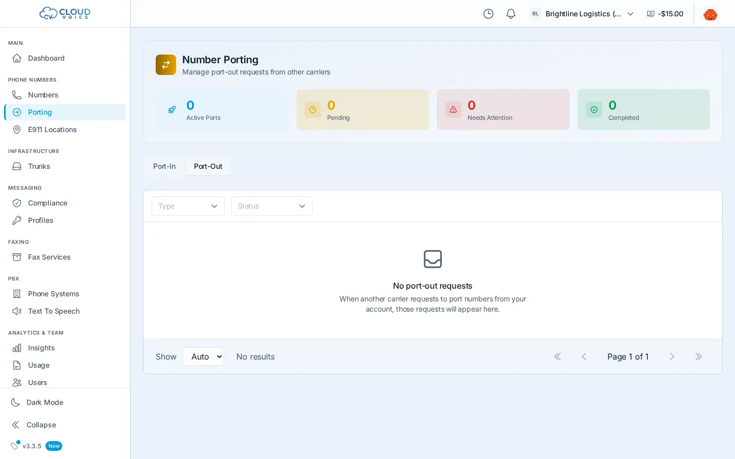 The Port-Out tab on the Porting page, where requests from other carriers to move your numbers away appear