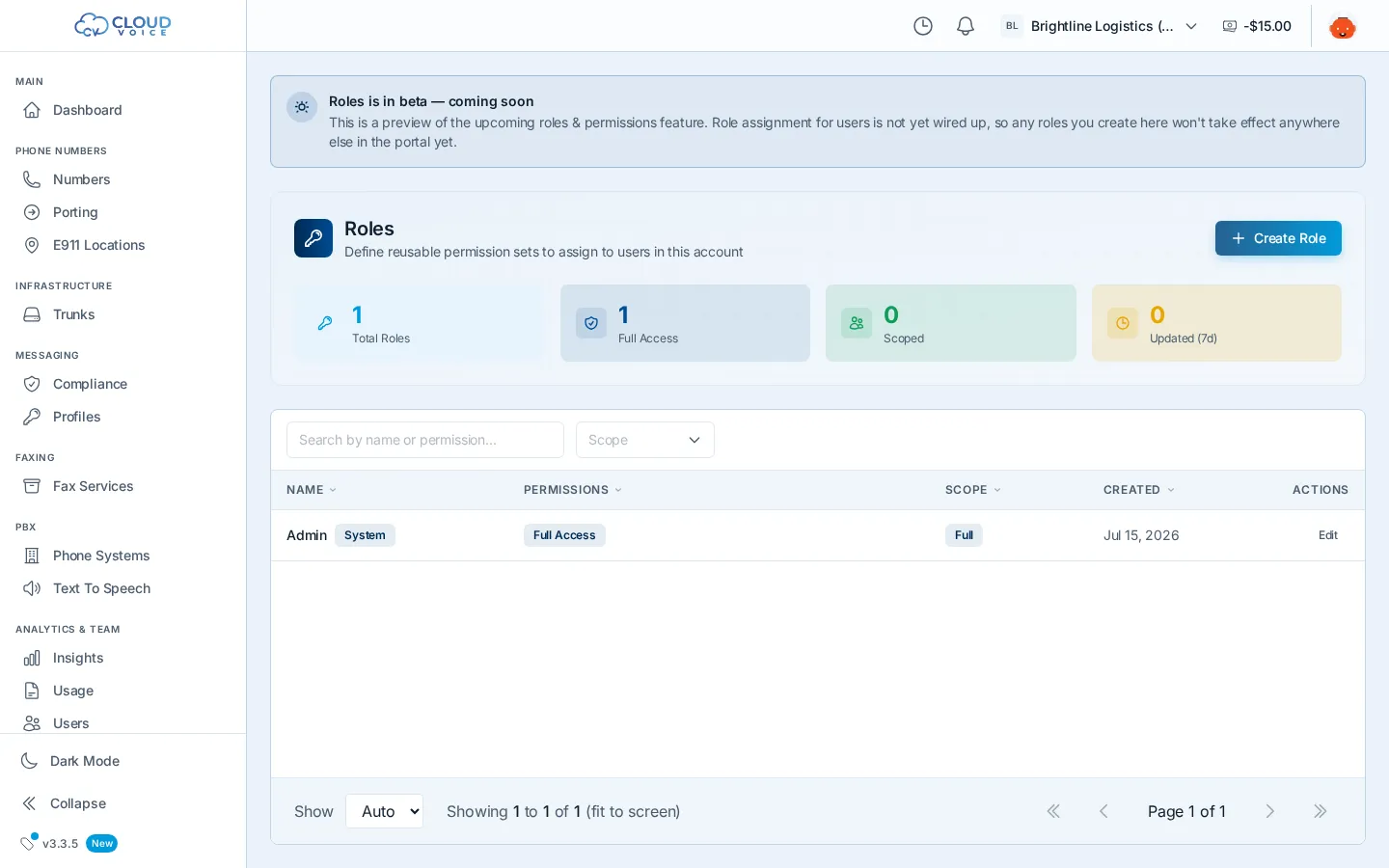 The Roles page listing each role with its permissions and scope, with the Create Role button and a beta notice