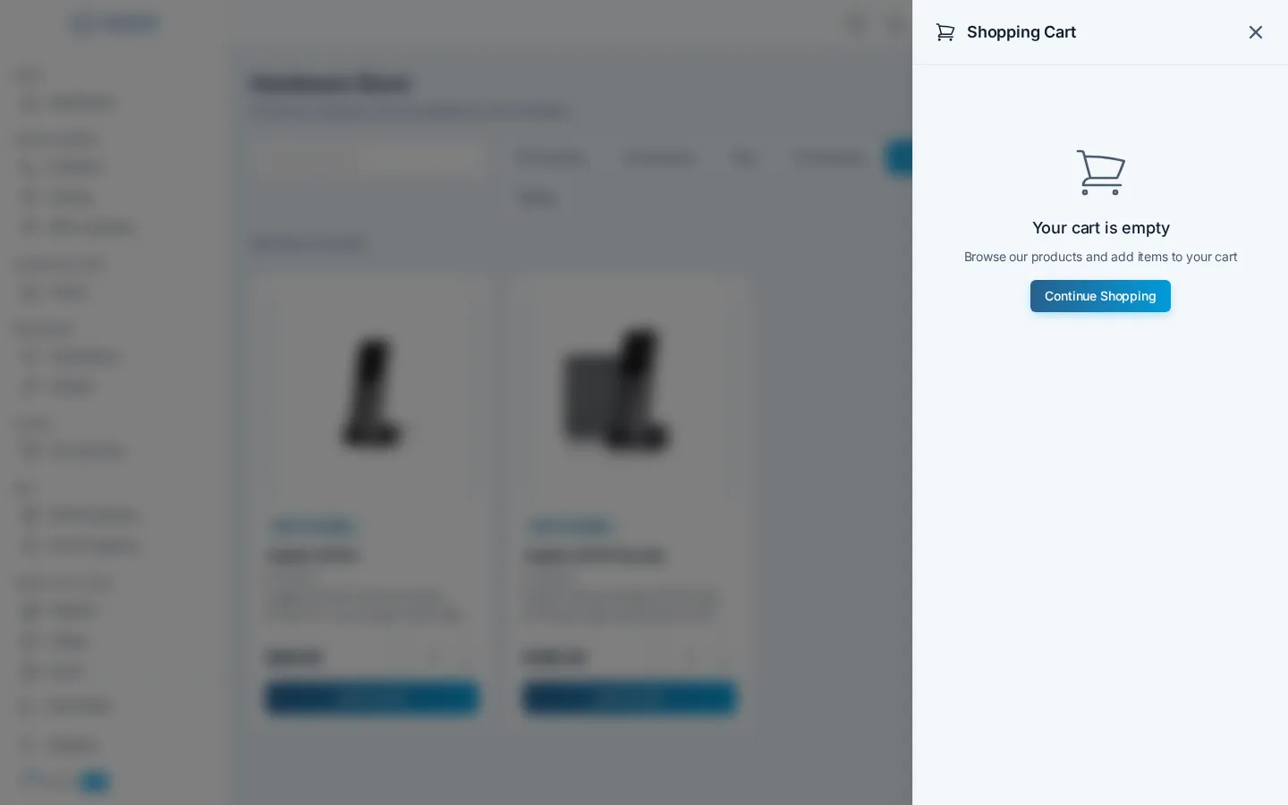 The shopping cart drawer sliding over the catalog, where you review items before continuing to checkout