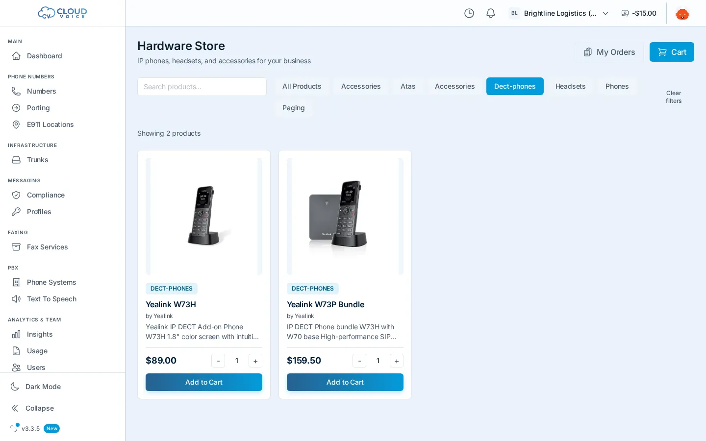 The catalog narrowed to a single category, comparing two DECT phone models side by side with the Clear filters control visible