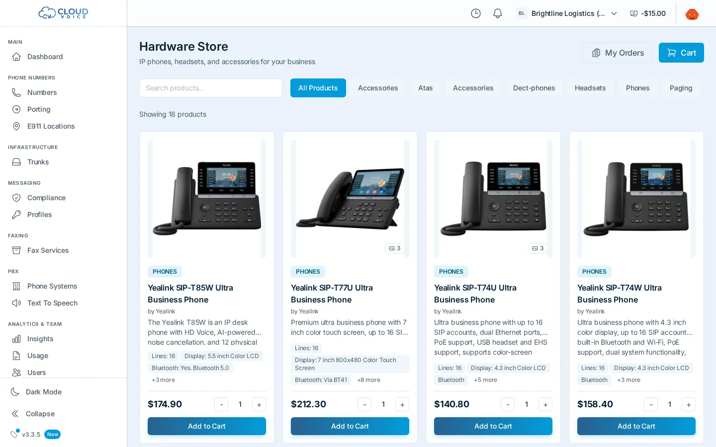 The Hardware Store catalog with search, category filters, product cards showing prices and specs, and the Cart and My Orders buttons