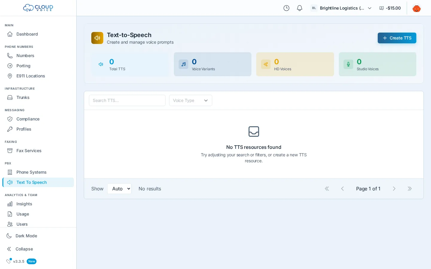 The Text-to-Speech page with voice counts, search and voice-type filters, and the Create TTS button in the header