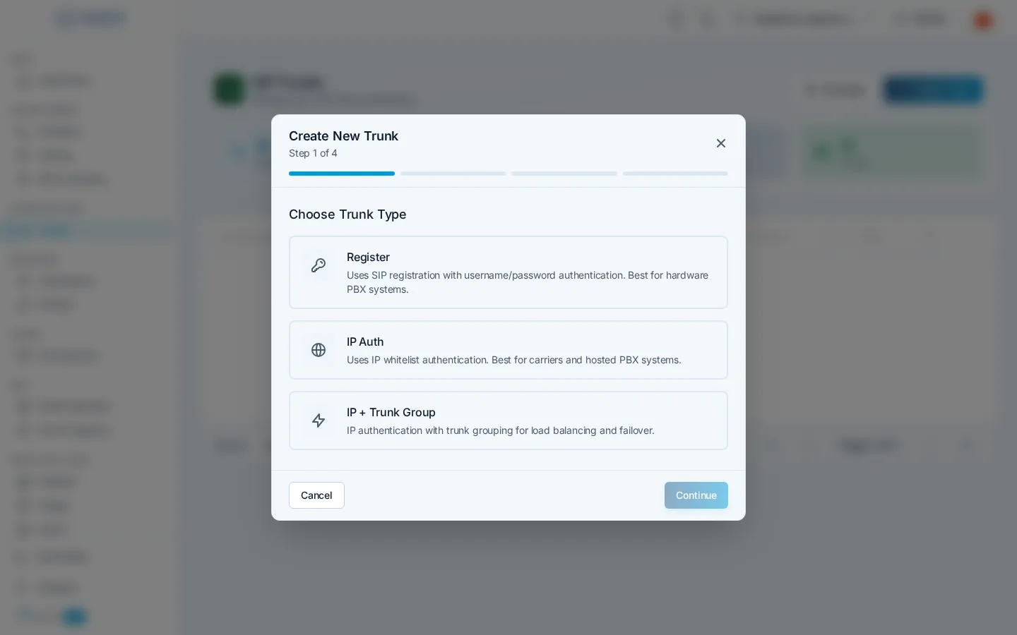 The first step of the Create New Trunk wizard, where you choose between the Register, IP Auth, and IP + Trunk Group trunk types