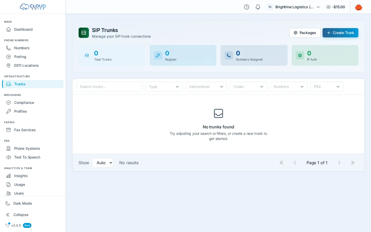 The Trunks screen listing your account's trunks with the Create Trunk button in the top corner