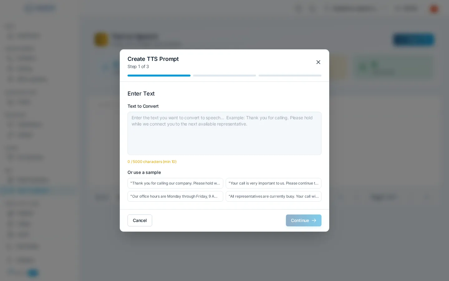 The Create TTS Prompt wizard on its Enter Text step, with the script field and ready-made sample greetings to start from