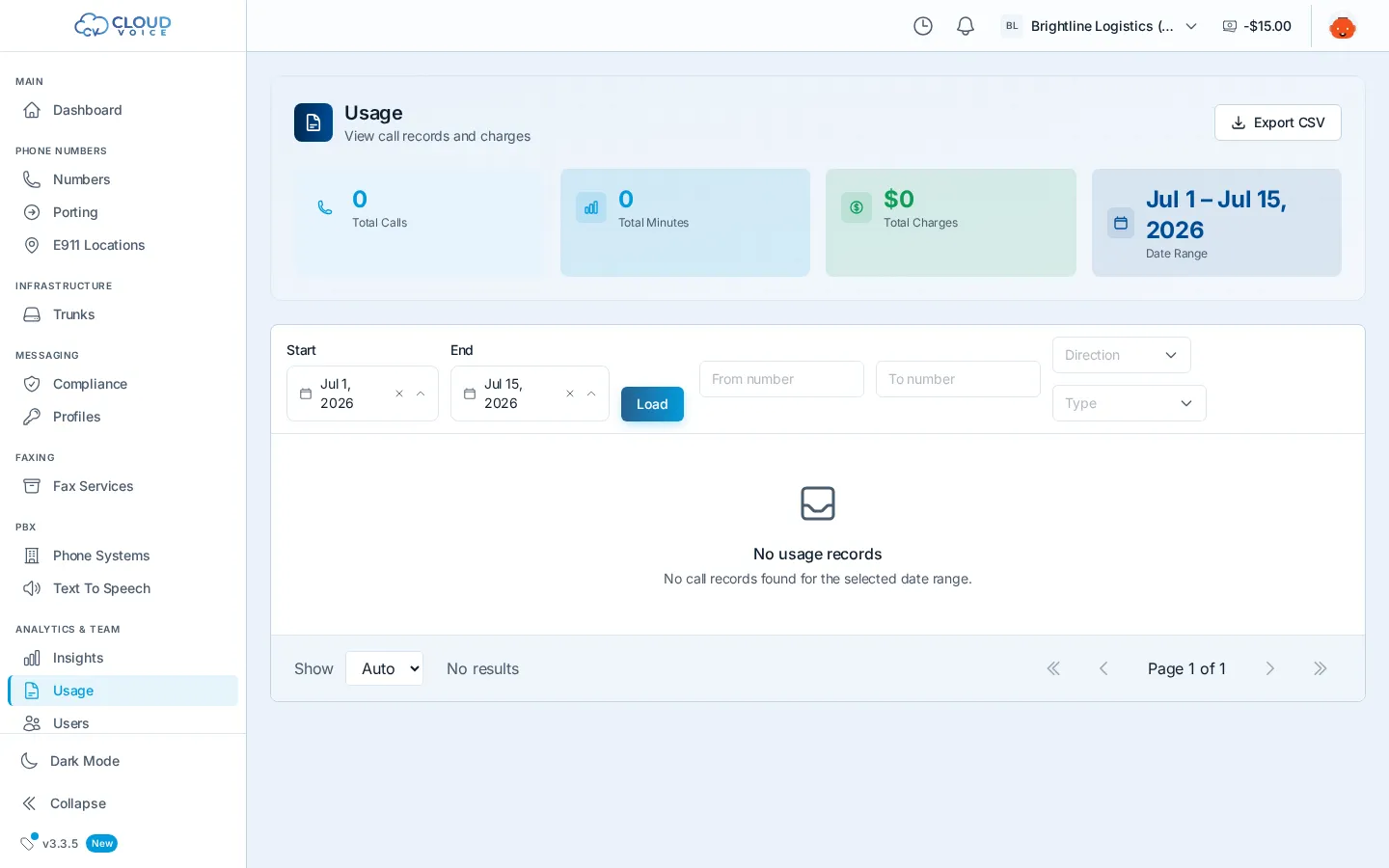 The Usage page with total calls, minutes, and charges for the selected date range, plus record filters and the Export CSV button