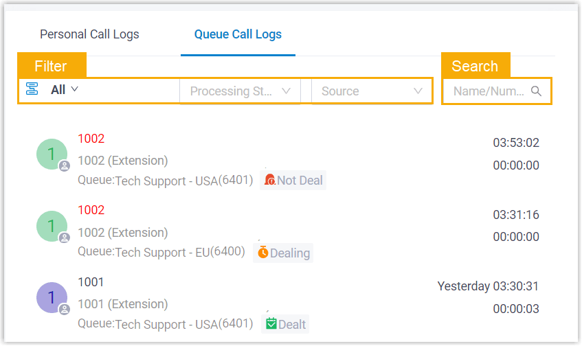 Search and Filter Queue Call Log
