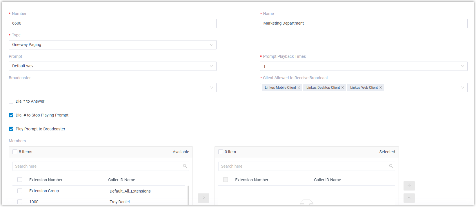 One-way paging group configuration form with fields for number, name, type, prompt, and members