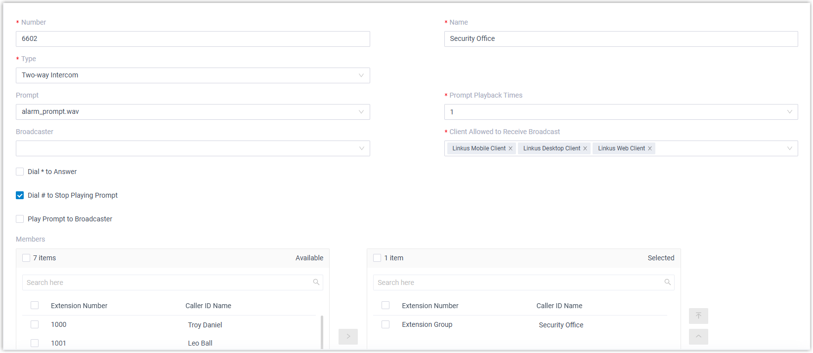 Two-way intercom group configuration form with number, name, type, and member fields