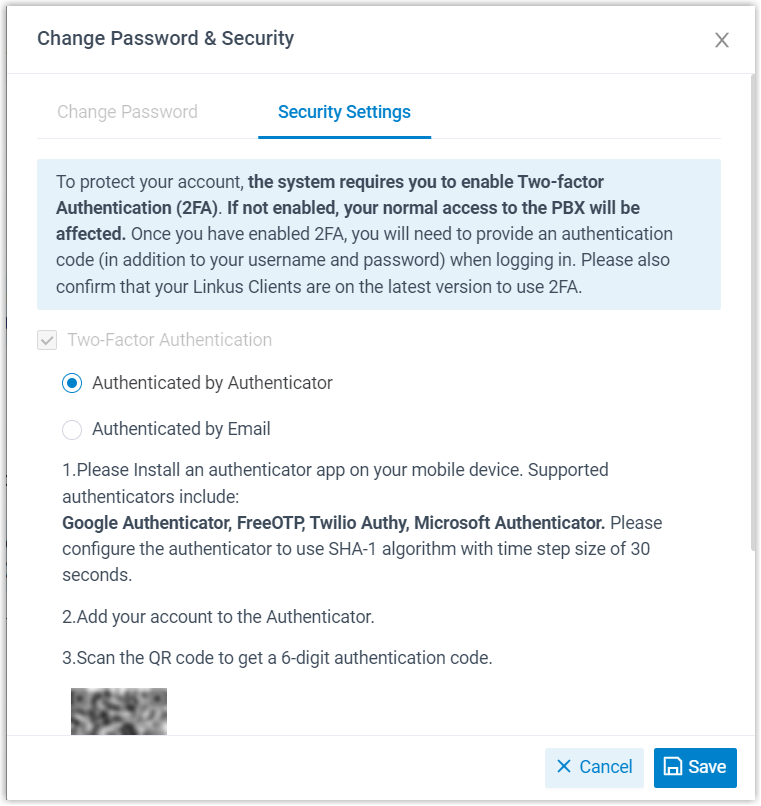 Cloud Voice, the two-factor authentication setup prompt shown to users who have not yet enabled it