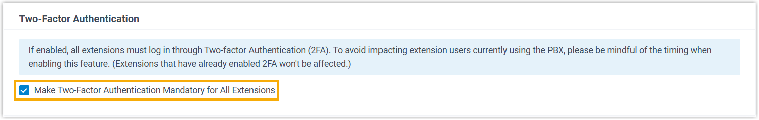 Security options with the mandatory two-factor authentication checkbox selected