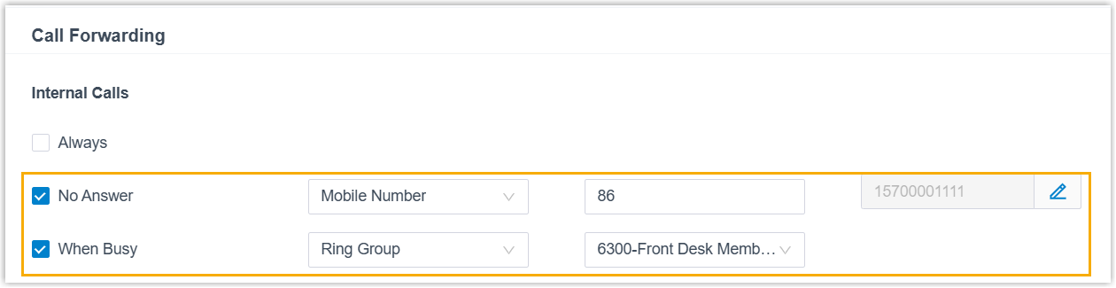 Call forwarding configured on the Presence tab, routing unanswered internal calls to a fallback number