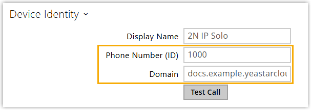 The Device Identity fields where the extension number and PBX domain are entered