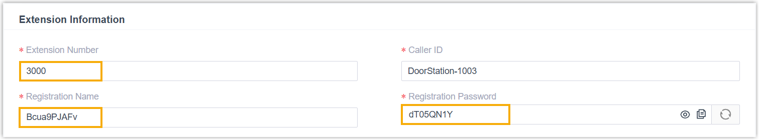 Extension registration details displayed on the User tab, including the extension number, registration name, and registration password