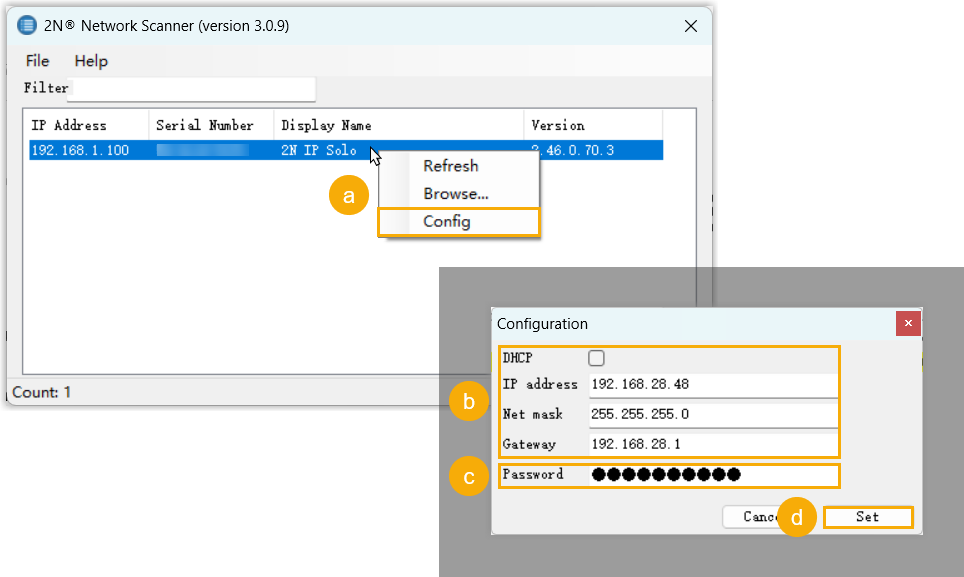 The 2N Network Scanner Config dialog for assigning an intercom's IP address