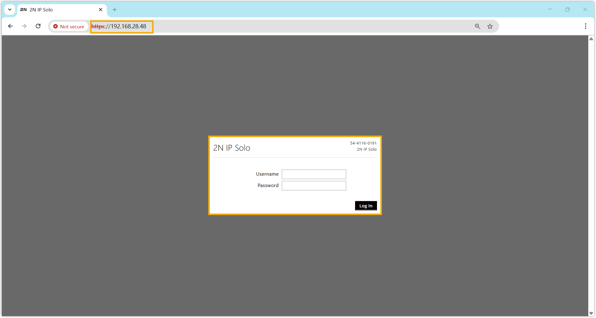 The 2N IP intercom web interface sign-in page reached at its new IP address