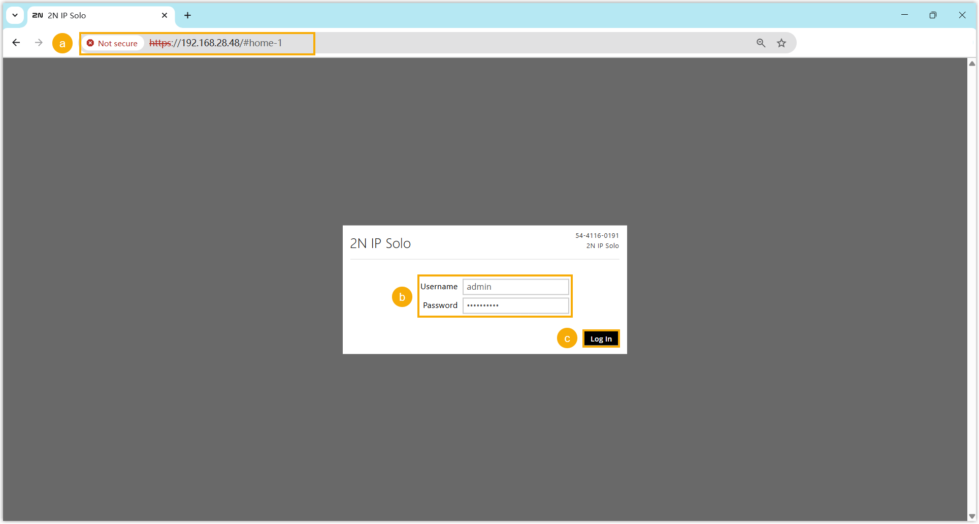 The 2N IP intercom sign-in page prompting for the admin credentials