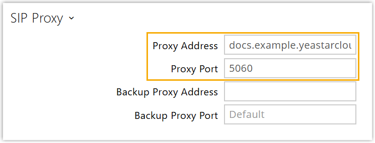 Cloud Voice, the SIP Proxy fields set to the PBX domain and port