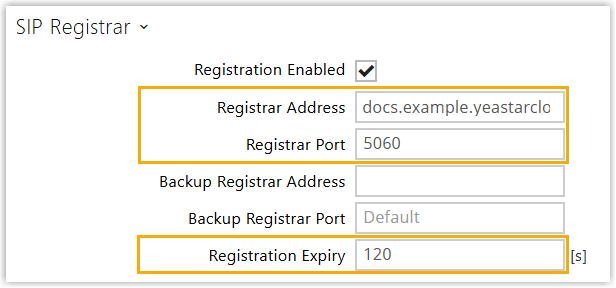Cloud Voice, the SIP Registrar fields with the registration address, port, and expiry