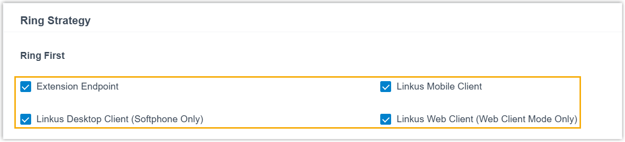 Cloud Voice, Ring Strategy section with multiple registered devices selected for simultaneous ring
