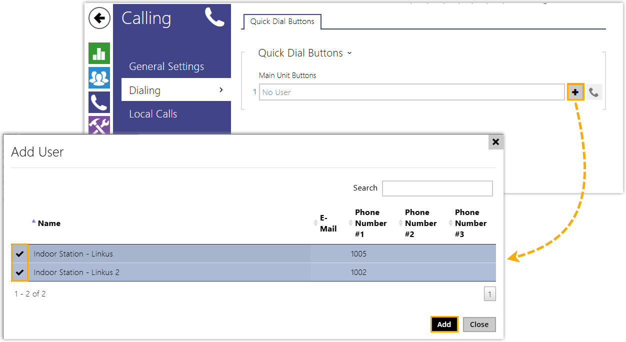 The Dialing page where users are assigned to the main unit call button