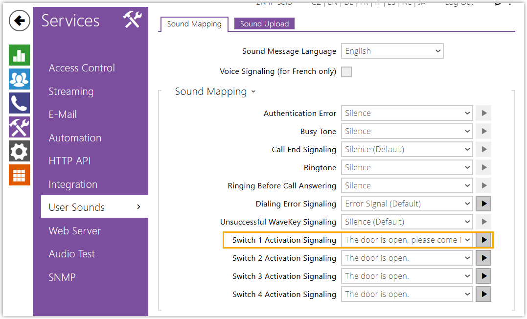 The Sound Mapping tab with a sound assigned to Switch 1