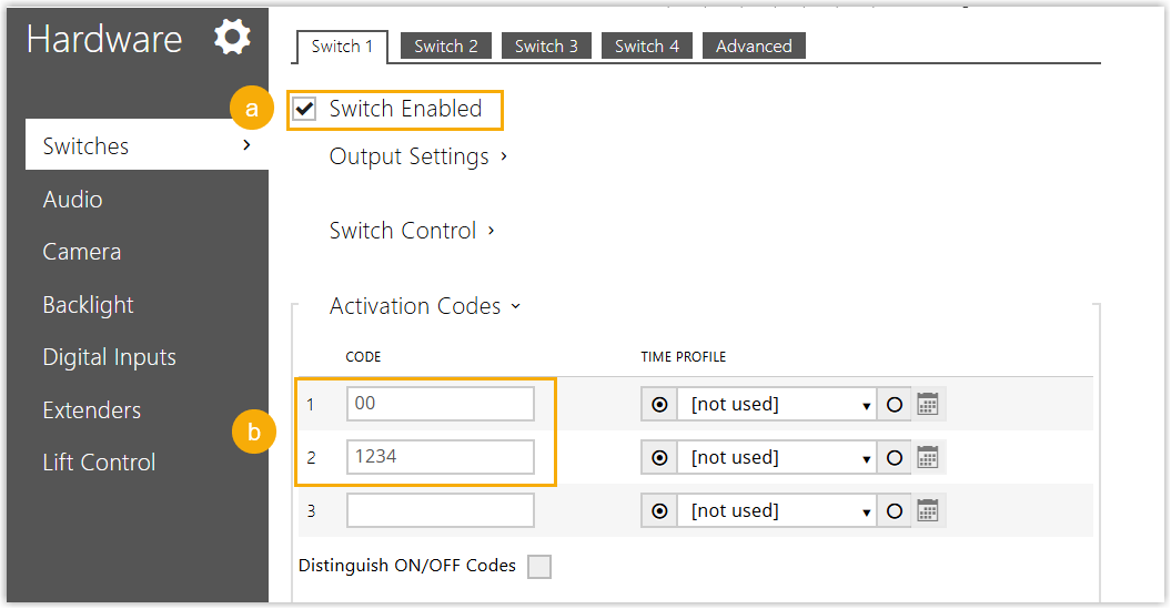 The Switch 1 tab with the Switch Enabled option and Activation Codes field