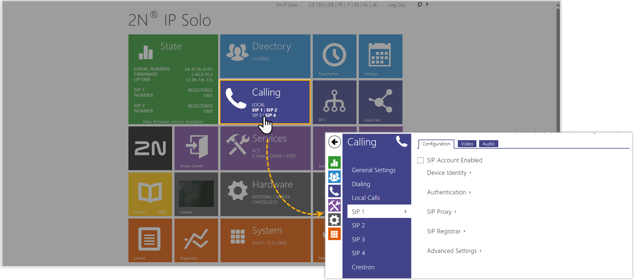 The Calling section of the intercom web interface with the SIP 1 account page open