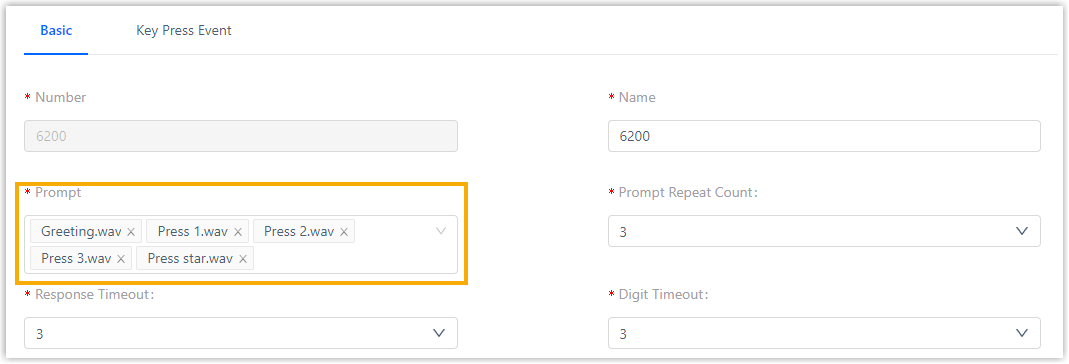 The IVR editing screen with the Prompt drop-down set to a custom recording