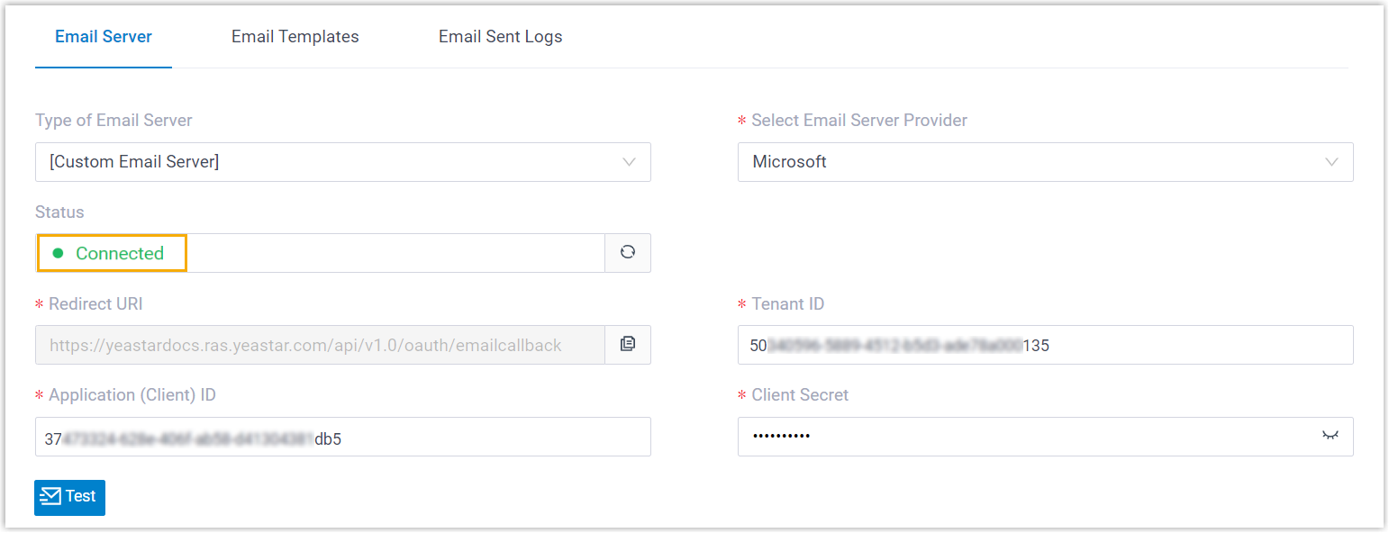 Cloud Voice, the Email Server page showing a Connected status