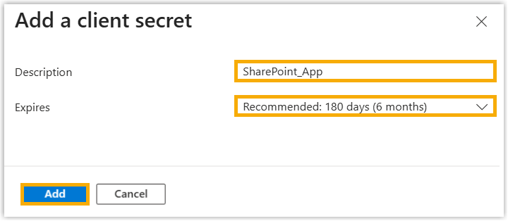 The Add a client secret panel with description and expiry fields