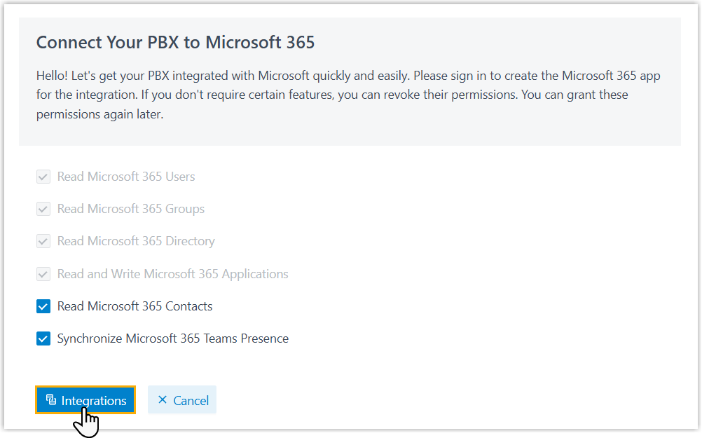 Connection page summarizing the access the app will request before handing off to Microsoft