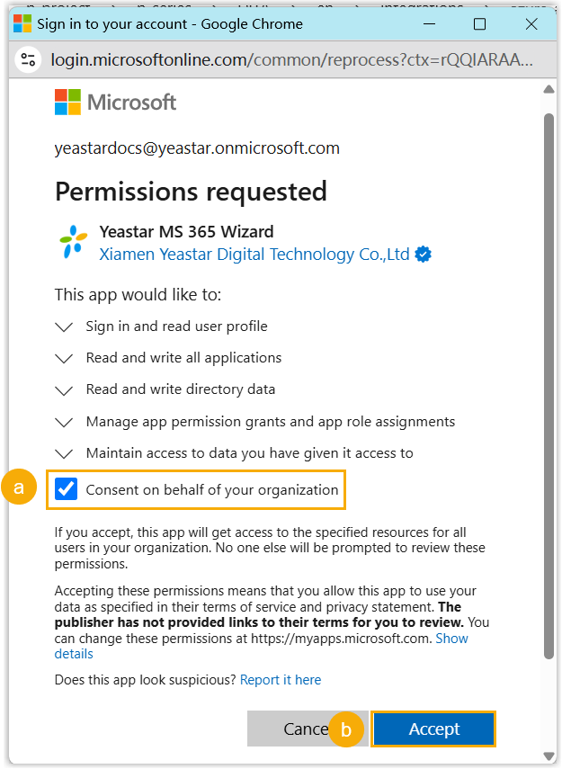 Cloud Voice, Microsoft consent window with a checkbox to grant the requested permissions