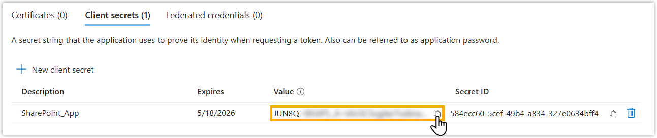 The client secret Value shown once for copying