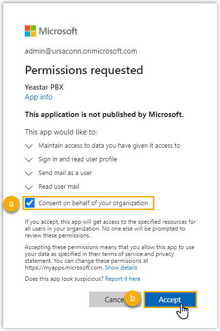 The Microsoft permissions consent dialog with the organization-wide consent option